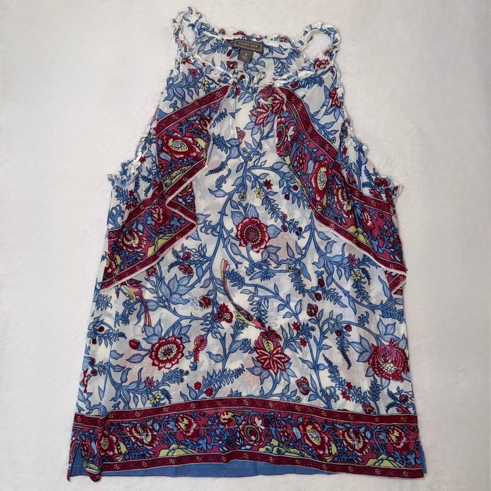 Point Sur J Crew Floral Block Print Ruffle Halter Top Blue Red Cotton Size 4